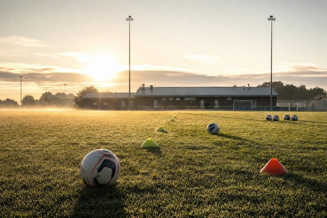 Trainingsplatz mit Hütchen und Bällen in der Morgensonne, im Hintergrund ein flaches Vereinsgebäude und Flutlichtmasten, Nebel über dem Rasen, ruhige Stimmung