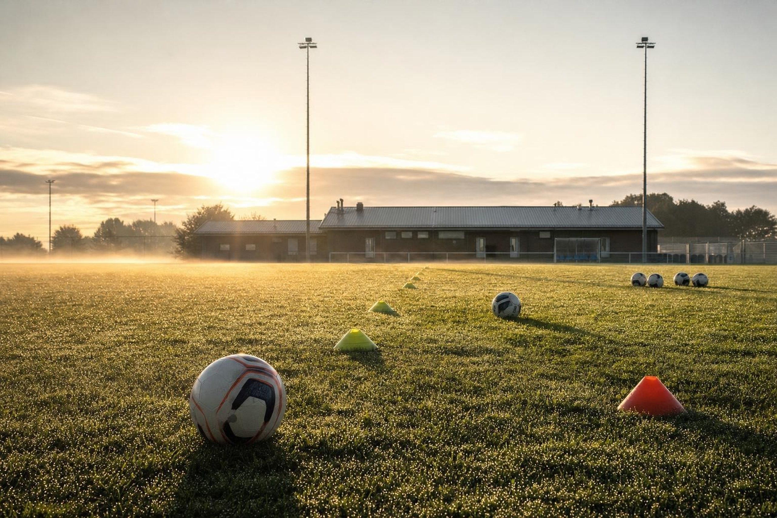 Trainingsplatz mit Hütchen und Bällen in der Morgensonne, im Hintergrund ein flaches Vereinsgebäude und Flutlichtmasten, Nebel über dem Rasen, ruhige Stimmung