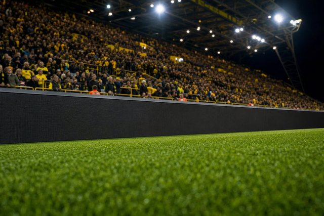 Leere Werbebande am Spielfeldrand eines Stadions mit unscharfem Rasen im Vordergrund, dahinter gefüllte Ränge in Gelb, Flutlicht, Blick aus Bodenhöhe