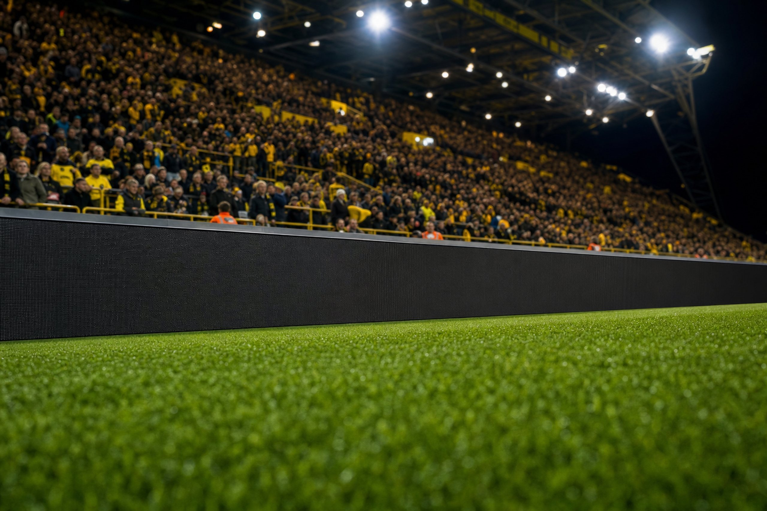 Leere Werbebande am Spielfeldrand eines Stadions mit unscharfem Rasen im Vordergrund, dahinter gefüllte Ränge in Gelb, Flutlicht, Blick aus Bodenhöhe