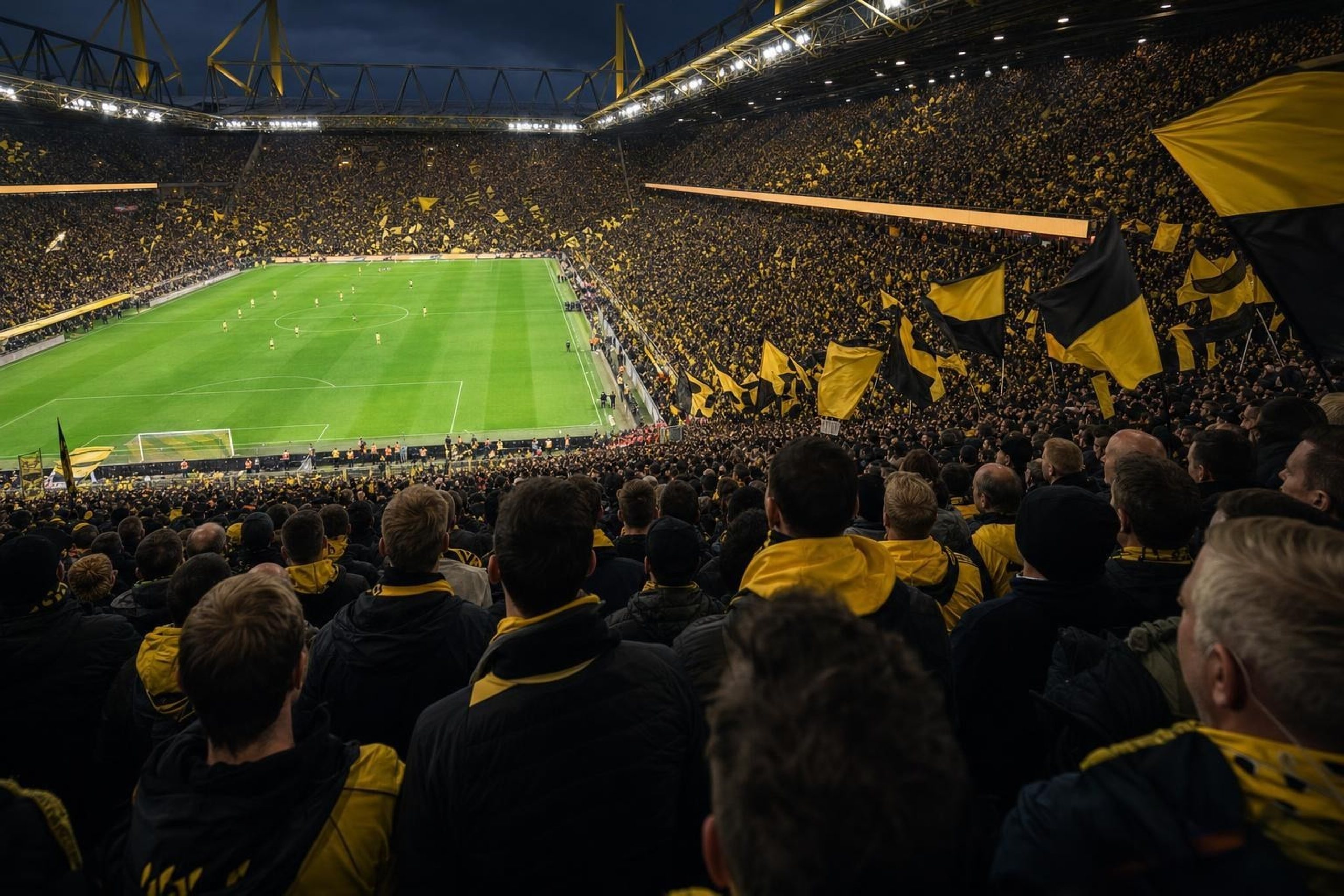 Steile, dicht gefüllte Stehplatztribüne in Gelb und Schwarz von hinten fotografiert, Fahnen und Doppelhalter über den Köpfen, Flutlicht über dem Stadiondach, Abendstimmung